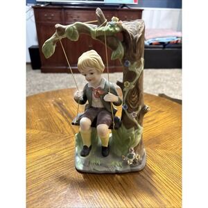 Vintage Porcelain Boy On Tree Swing Figurine